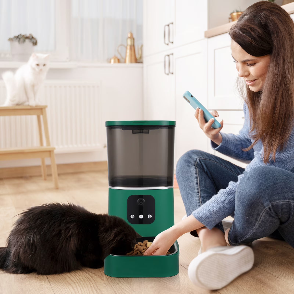 Automatic Pet Feeder with Camera, 2.4G Wifi APP Control, Timed Feeding, 6L Capacity for Cats and Dogs, Green