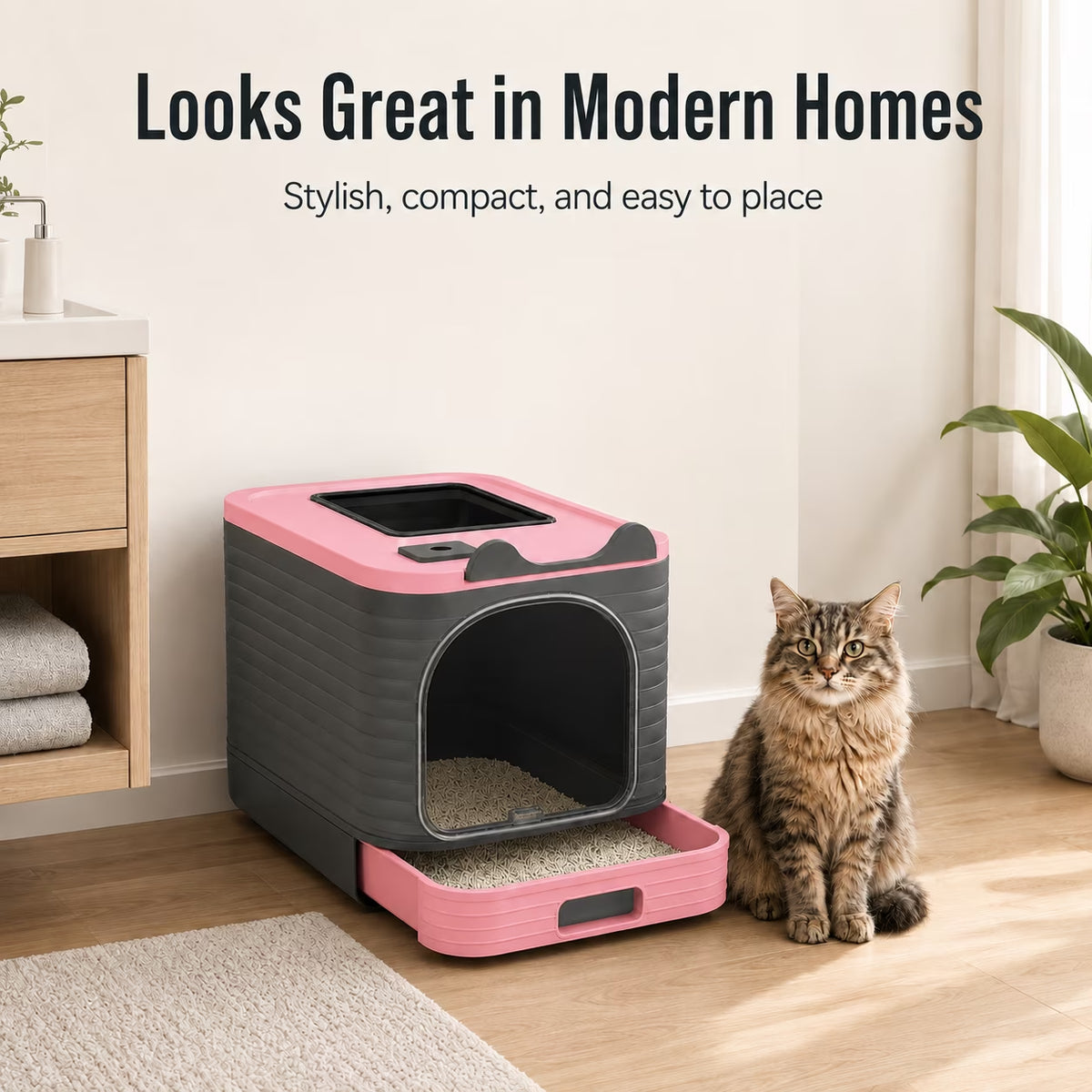 Enclosed Cat Litter Box with Lid, Easy to Clean with Includes Scoop & 4 Charcoal Deodorizer Bags,Pink