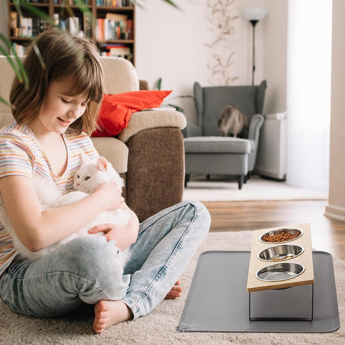 Upgraded Elevated Cat Bowls with Food Mat,15°Tilted Stand anti Vomiting Raised Cat Dishes for Food and Water,3 Stainless Steel Bowls for Cats and Puppy