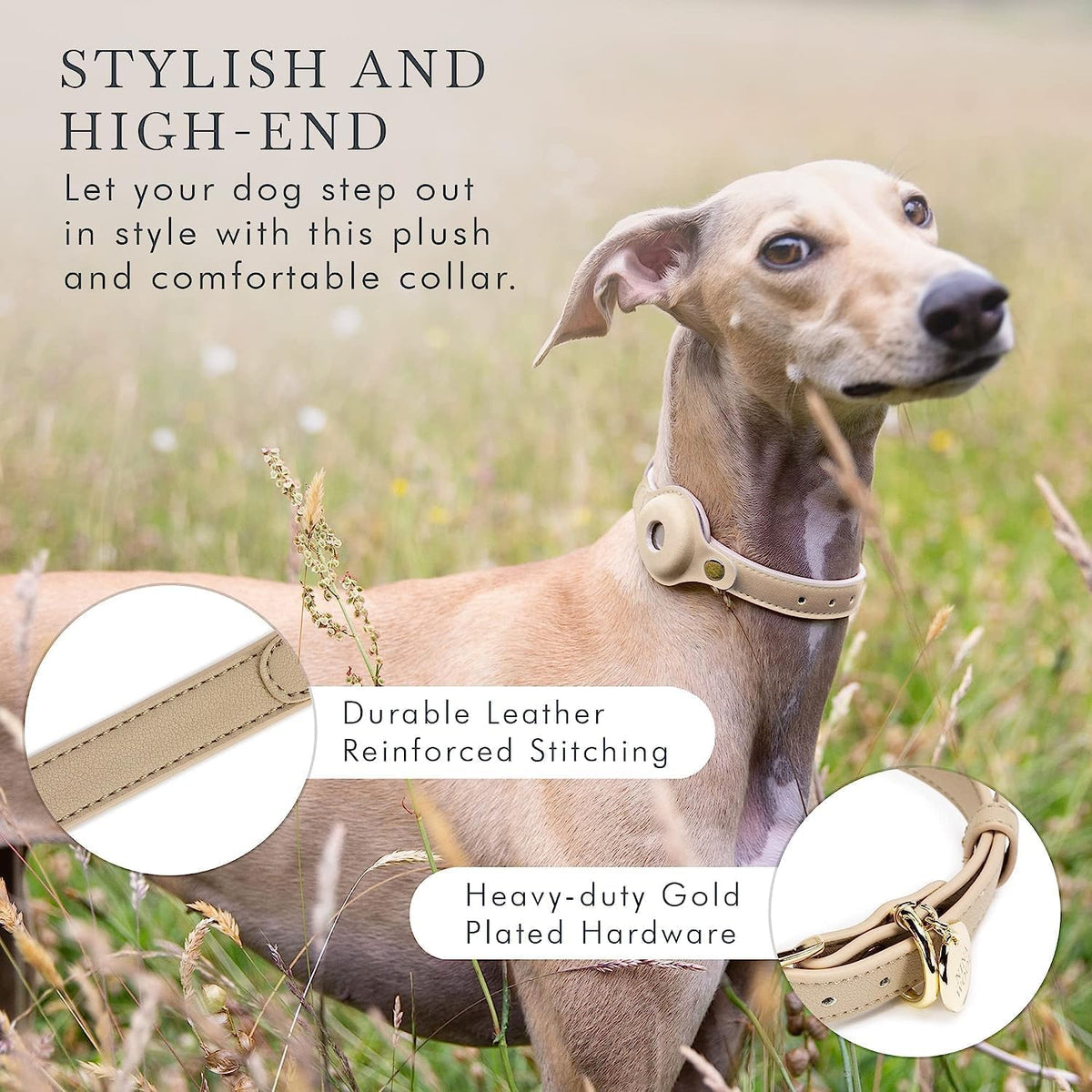 Cupertino Dog Collars, Harnesses & Leashes Made from Vegan Leather with Dog Tracker Device Holder Adjustable Dog Collar - Color Beige, Large