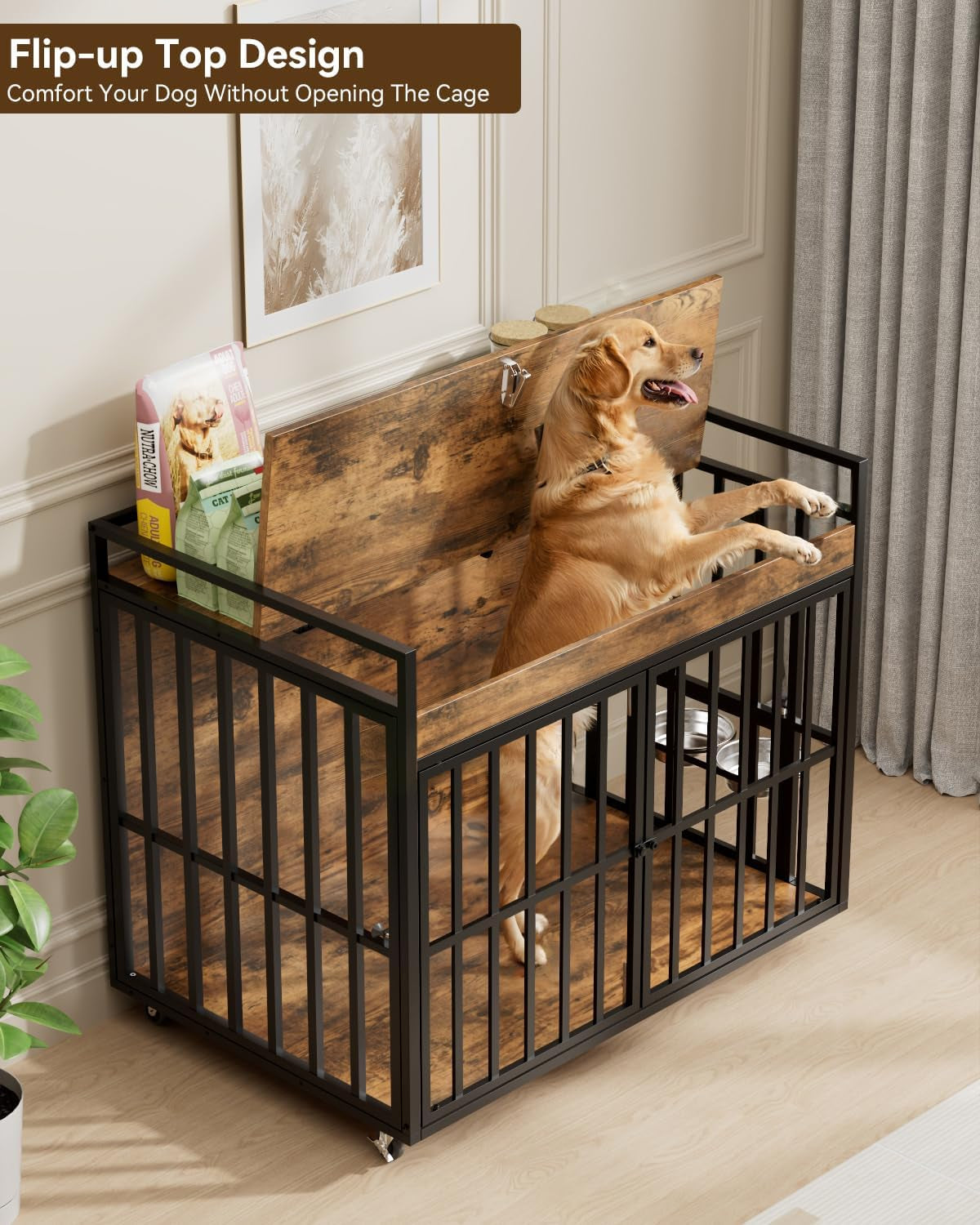 Heavy Duty Large Dog Crate Furniture with 360° Rotatable Bowls & Wheels