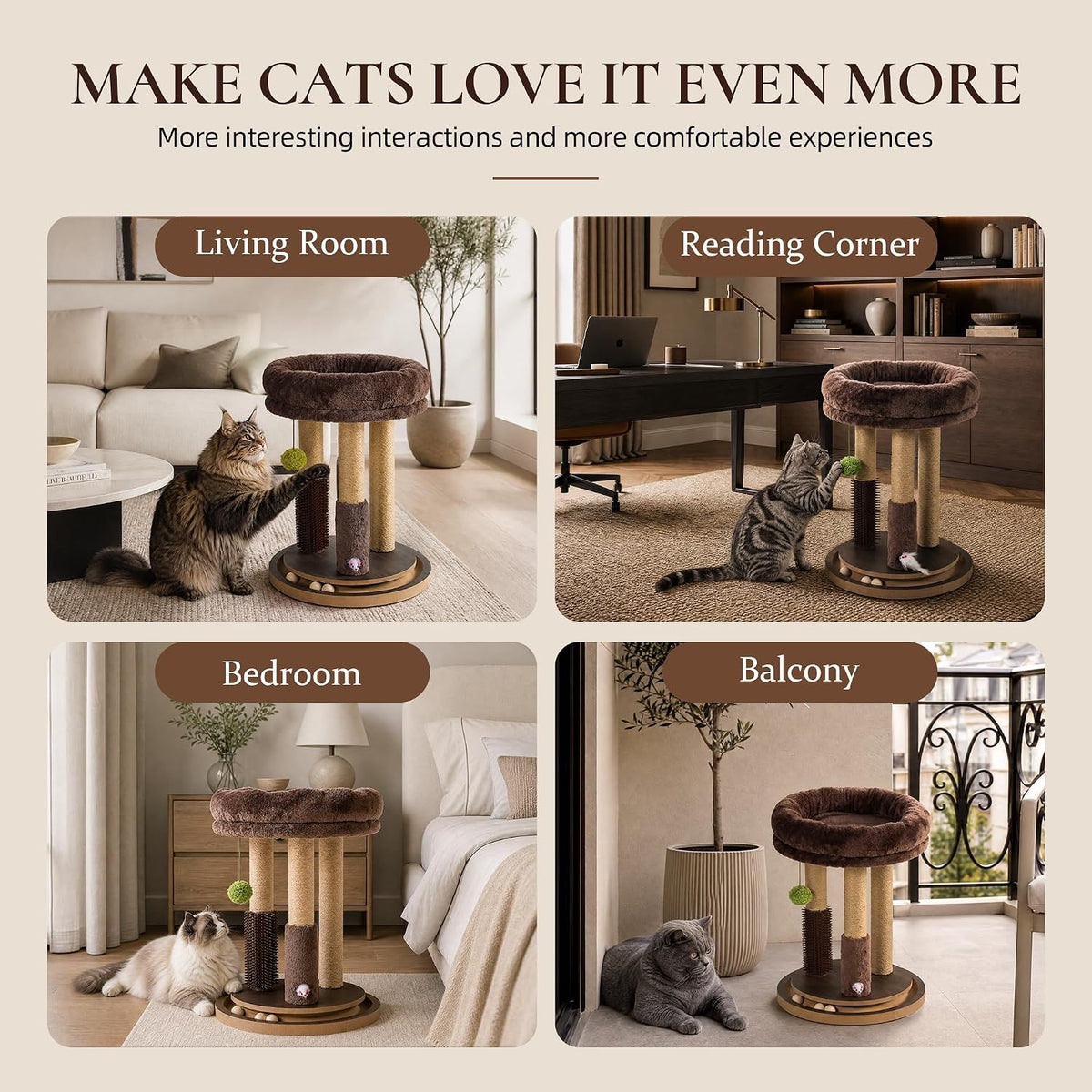 22" Cat Scratching Post with Tower Soft Bed, Heavy-Duty Wood Base