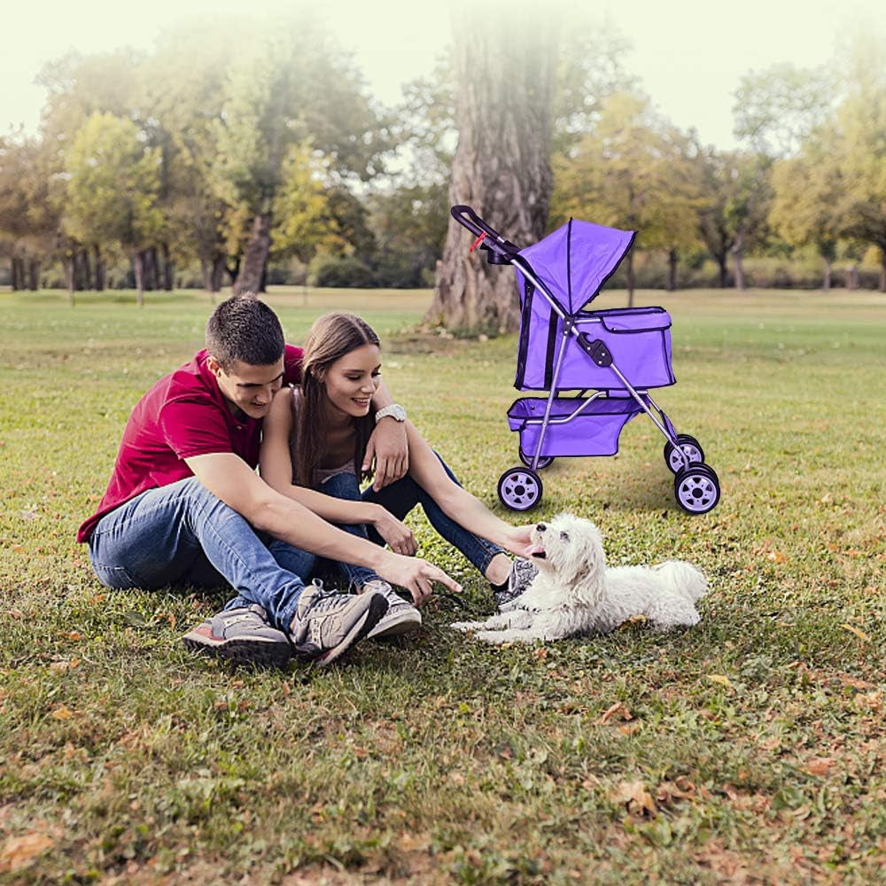 4 Wheels Pet Stroller Cat Dog Cage Stroller Travel Folding Carrier with Cup Holders and Removable Liner for Small-Medium Dog, Cat (Purple)