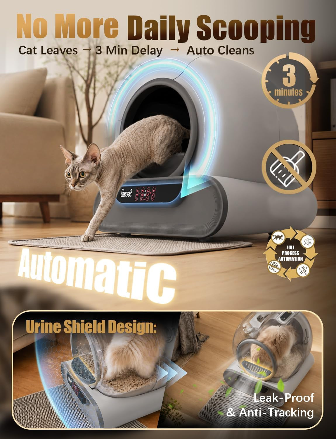 70L Anti-Pinch Feature Automatic Cat Litter Box, Self Cleaning Litter Box