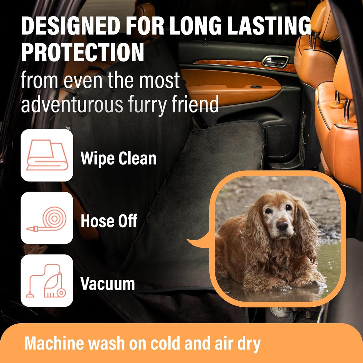 Waterproof Hammock Standard Car Seat Cover, Fits Sedans Hatchbacks Crossovers Coupes Compact Vehicles, Secure Convertible Travel Bed Protects Backseat Cargo from Dogs, Black W/Orange Trim
