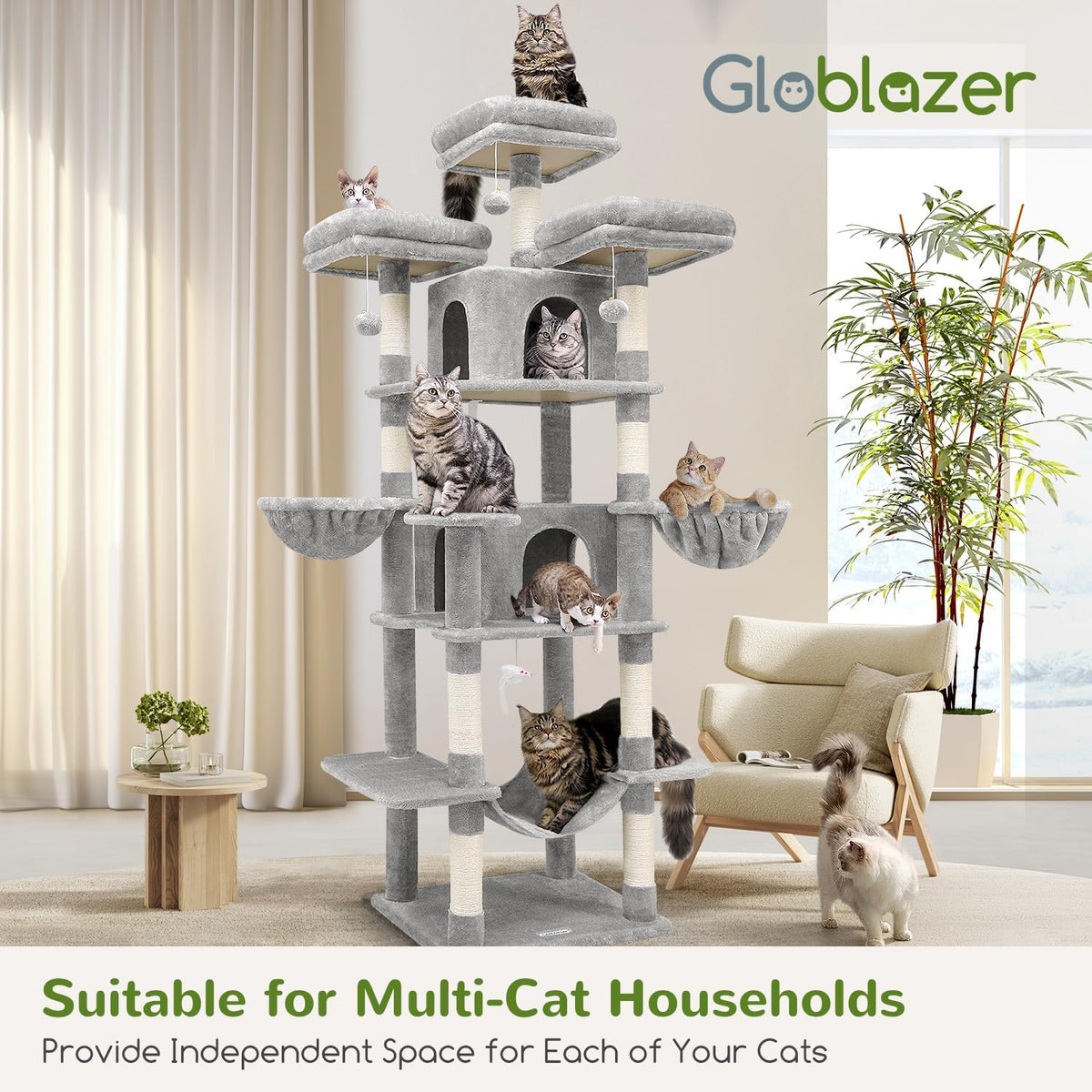 Big XXL Cat Tower for Indoor Multiple Cats, F80, Light Grey
