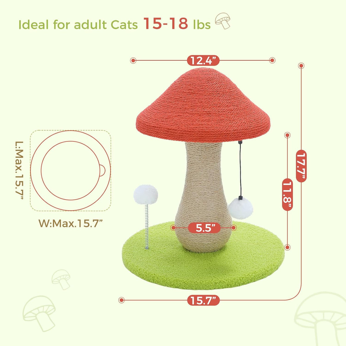 Cat Scratching Post, Mushroom Tall Cat Scratcher Featuring with Natural Sisal Scratching Poles and Interactive Toy Ball + Mushroom Cat Scratching Post, Cat Scratcher Cute