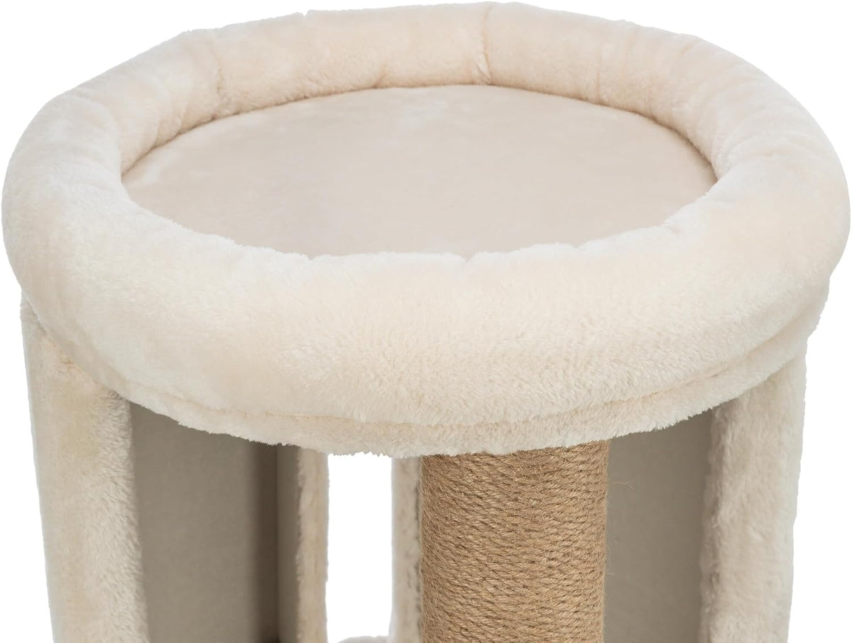 Giorgia Cat Tower, Combo Plush & Jute Covered Surfaces, Scratching Posts, Indoor Cat Condo with Padded Bed, Beige, 15.7" X 15.7" X 32.3"