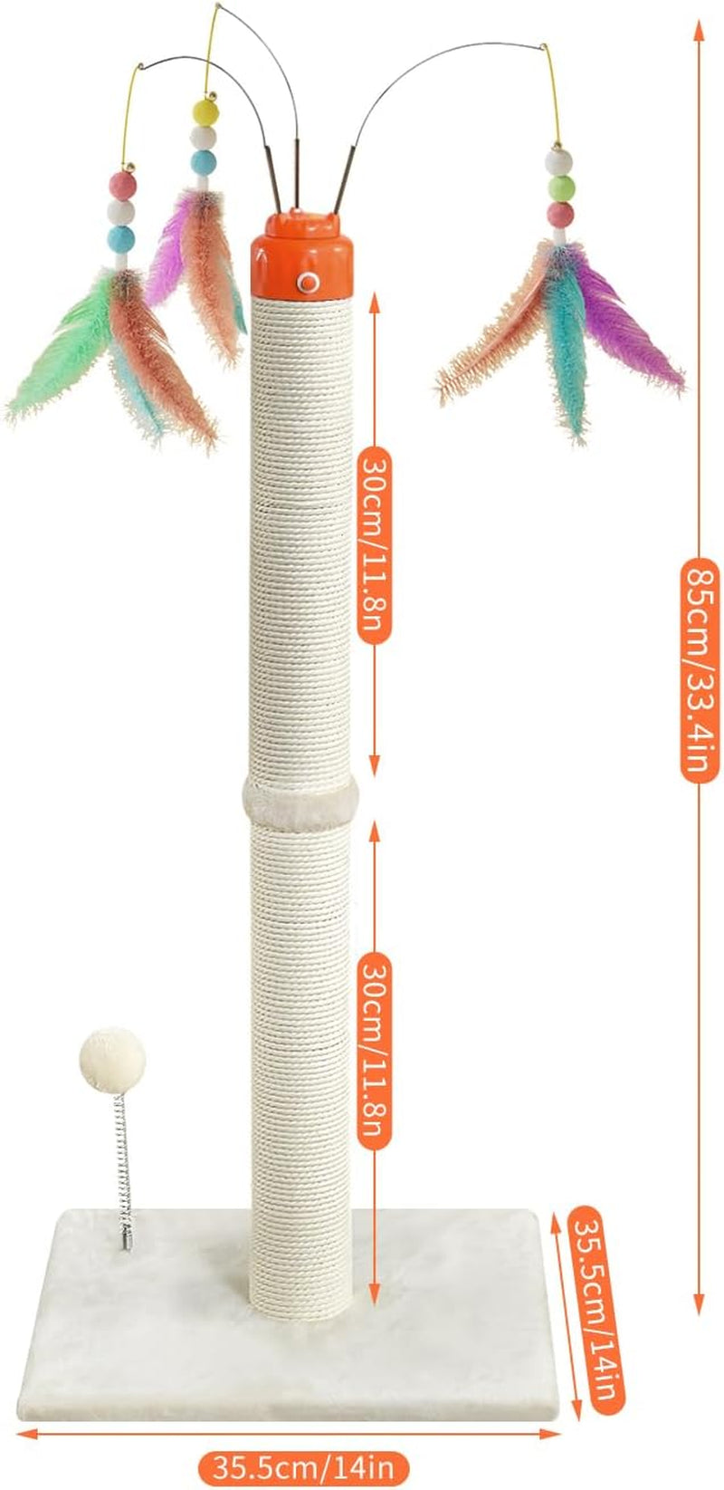 Cat Scratching Post ,33.4" Sisal Rope Cat Scratcher Tall Scratching Post for Indoor Cats with Interactive Cat Toys Automatic Teaser Wand and Rotating Hanging Balls