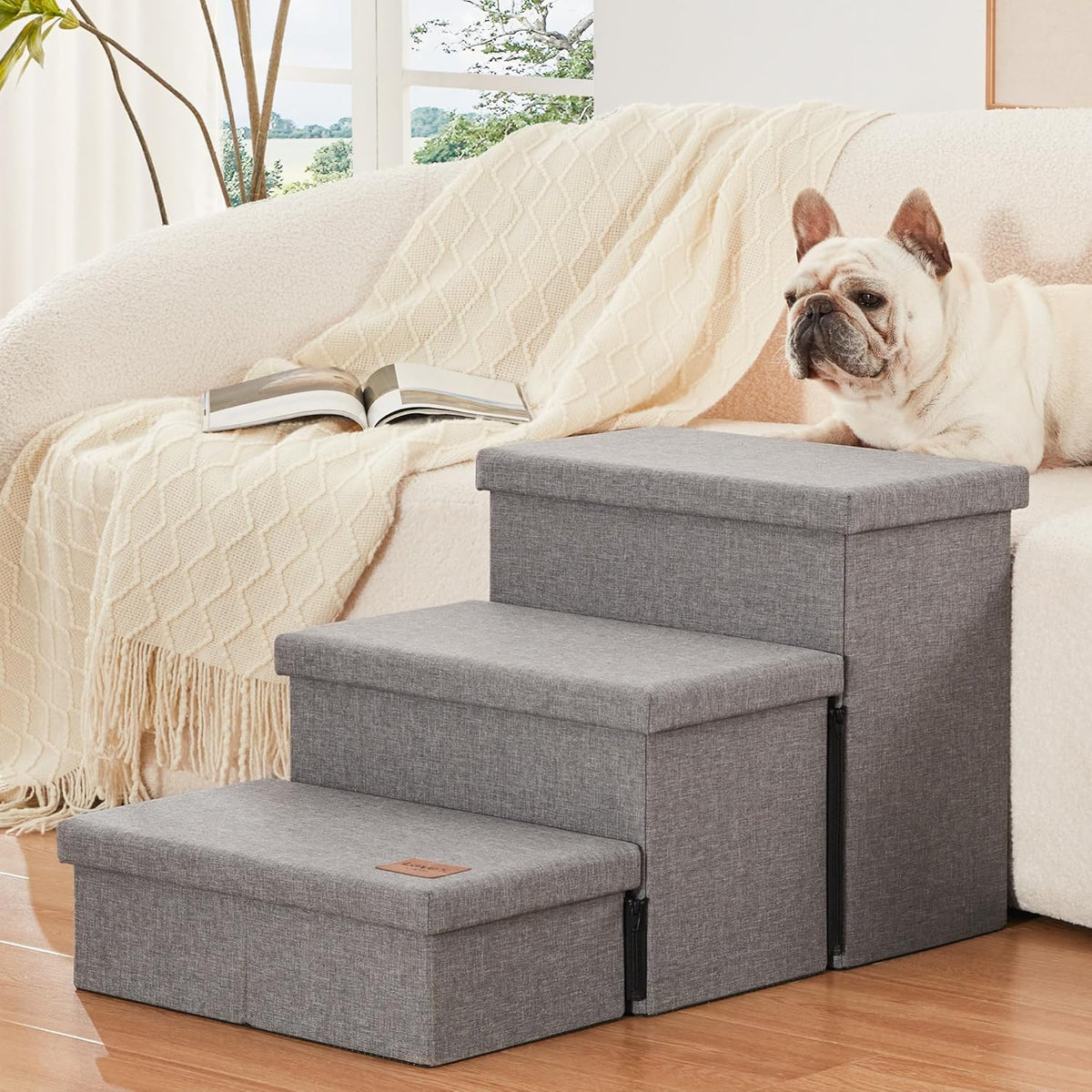 Dog Stairs for High Bed, Foldable Pet Stairs for Small Medium or Large Dogs Puppy with Storage for Bed or Couch, Cat Dog Steps Ramp with Zip up to 200 Lbs, Solid Grey, 3 Steps
