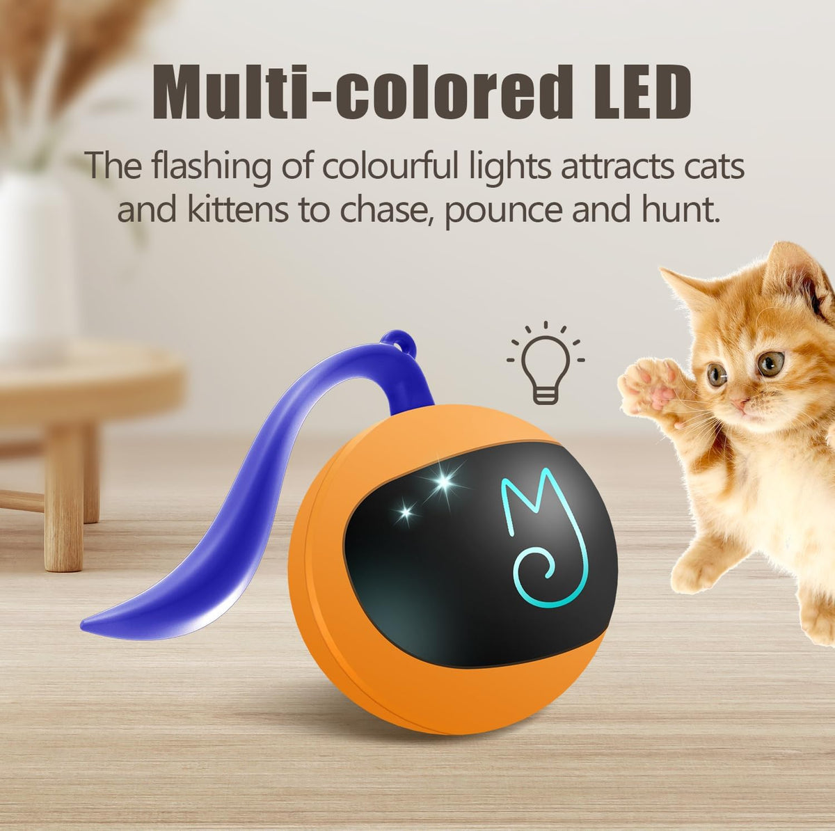 Interactive Cat Ball Toy Set, Fun Tracker, Automatic Rolling Chase Ball with Fluffy Tail, a Small Mice, Rechargeable (Orange)