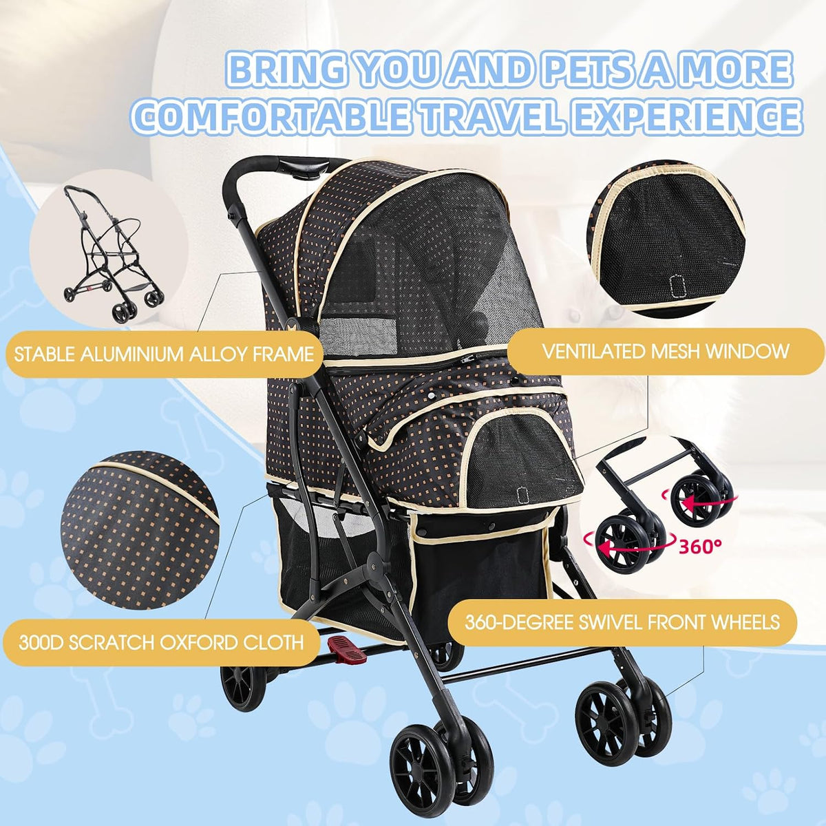 4 Wheels Dogs Cats Stroller for Small Medium Dogs Cats Pets up to 35 Lbs,Foldable Dog Cat Stroller Jogger Travel Strollers with Storage Basket and Cup Holder, Polka Squares