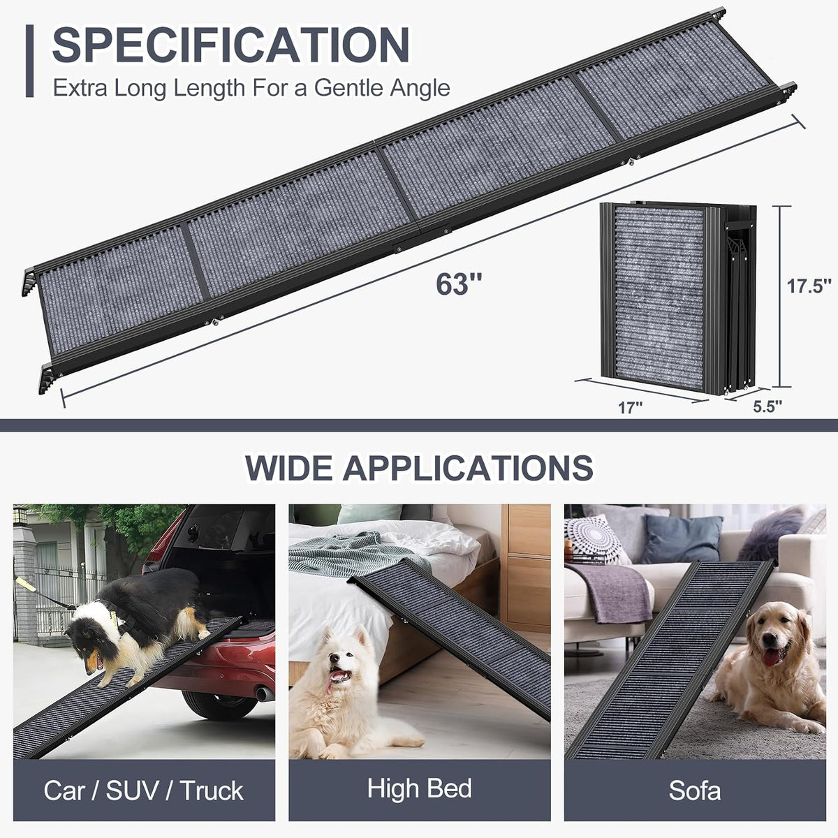 Dog Ramp for Car 63" L × 17" W, Pet Ramp for Truck Foldable