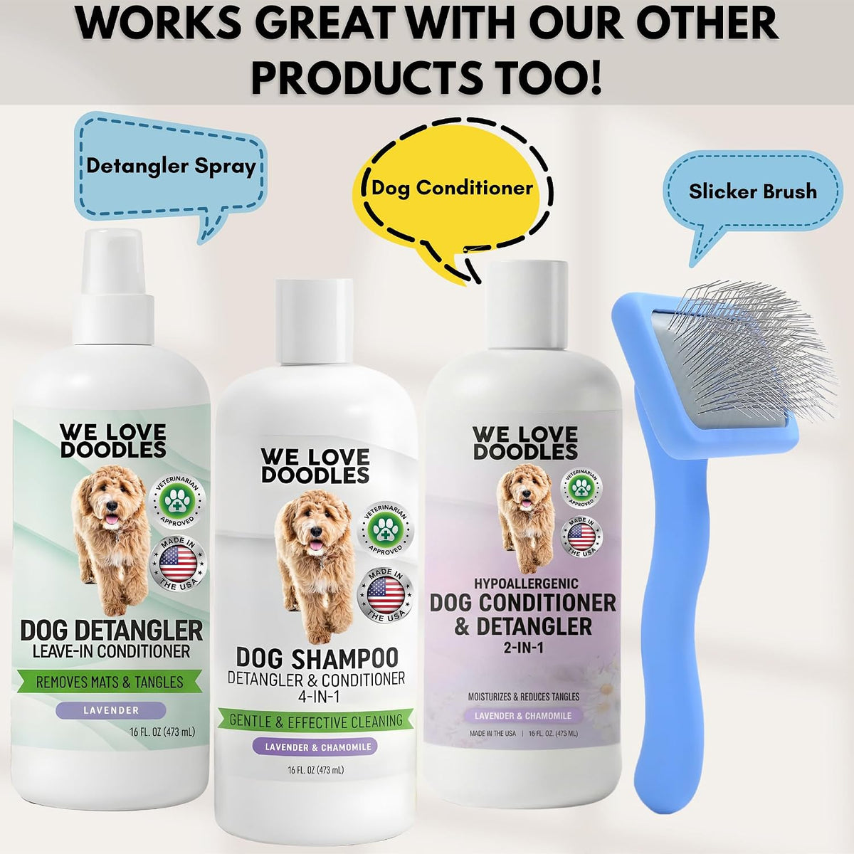 Dog Shampoo, Conditioner & Detangler, Hypoallergenic Tearless Lavender 16OZ