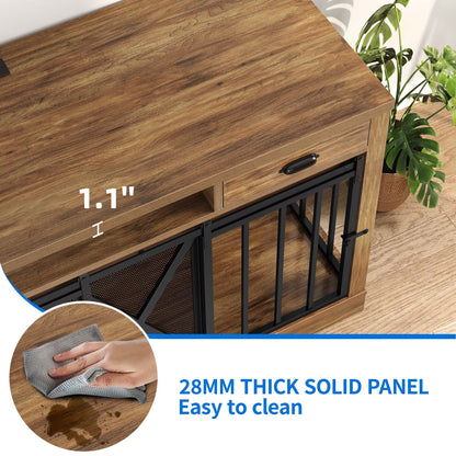 63-Inch Dog Crate Furniture,Tv Stand with Charging Station,Dog Kennel with Double Sliding Barn Door - Oak