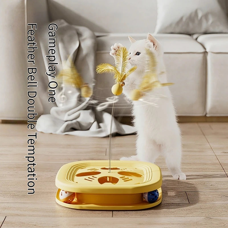Self Play Cat Activity Center Toy - Boredom Relief Feather Bell Teaser Wand Interactive Pet Puzzle Fun Game