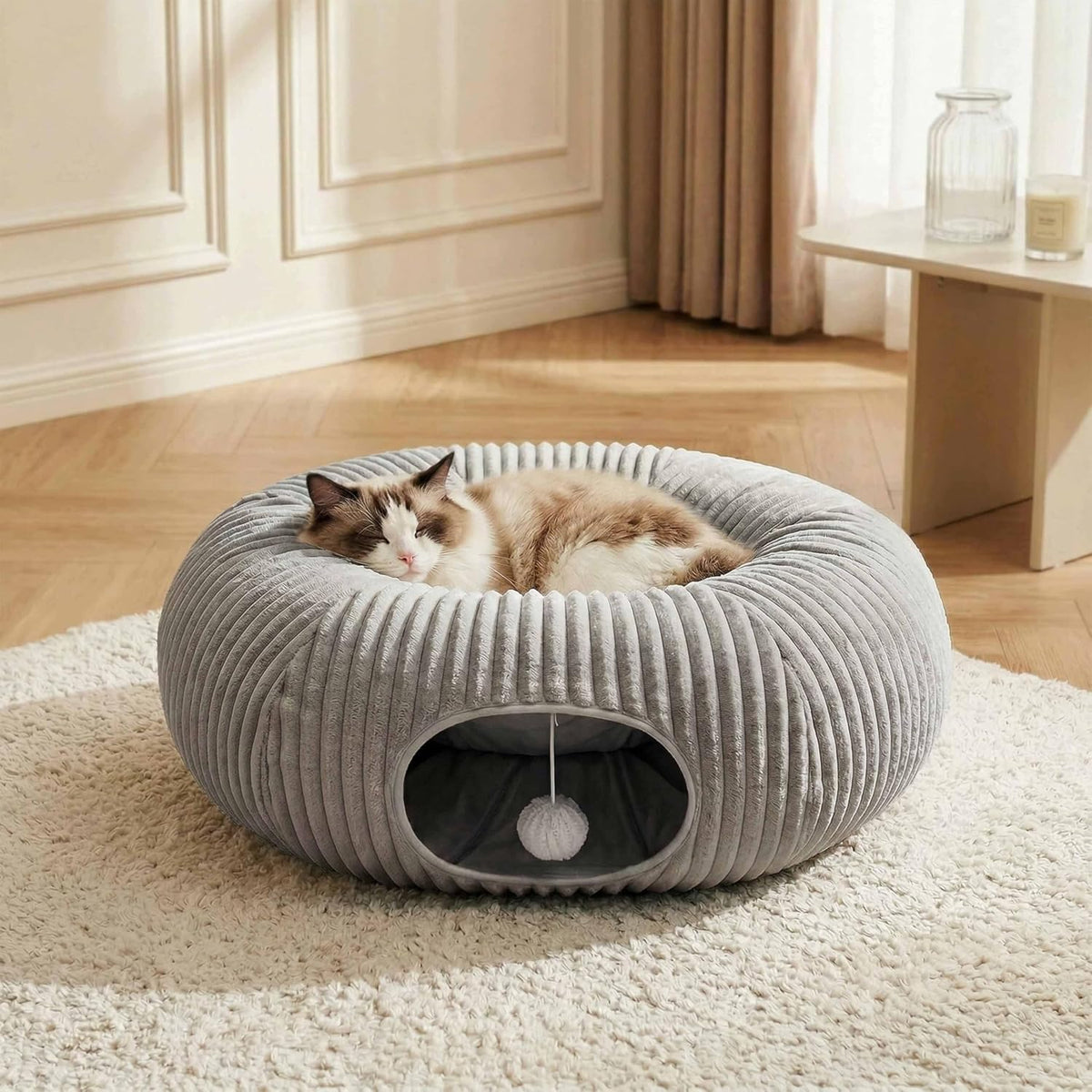 Cat Tunnel Bed for Indoor Cats, Peekaboo Cat Cave Bed, Grey