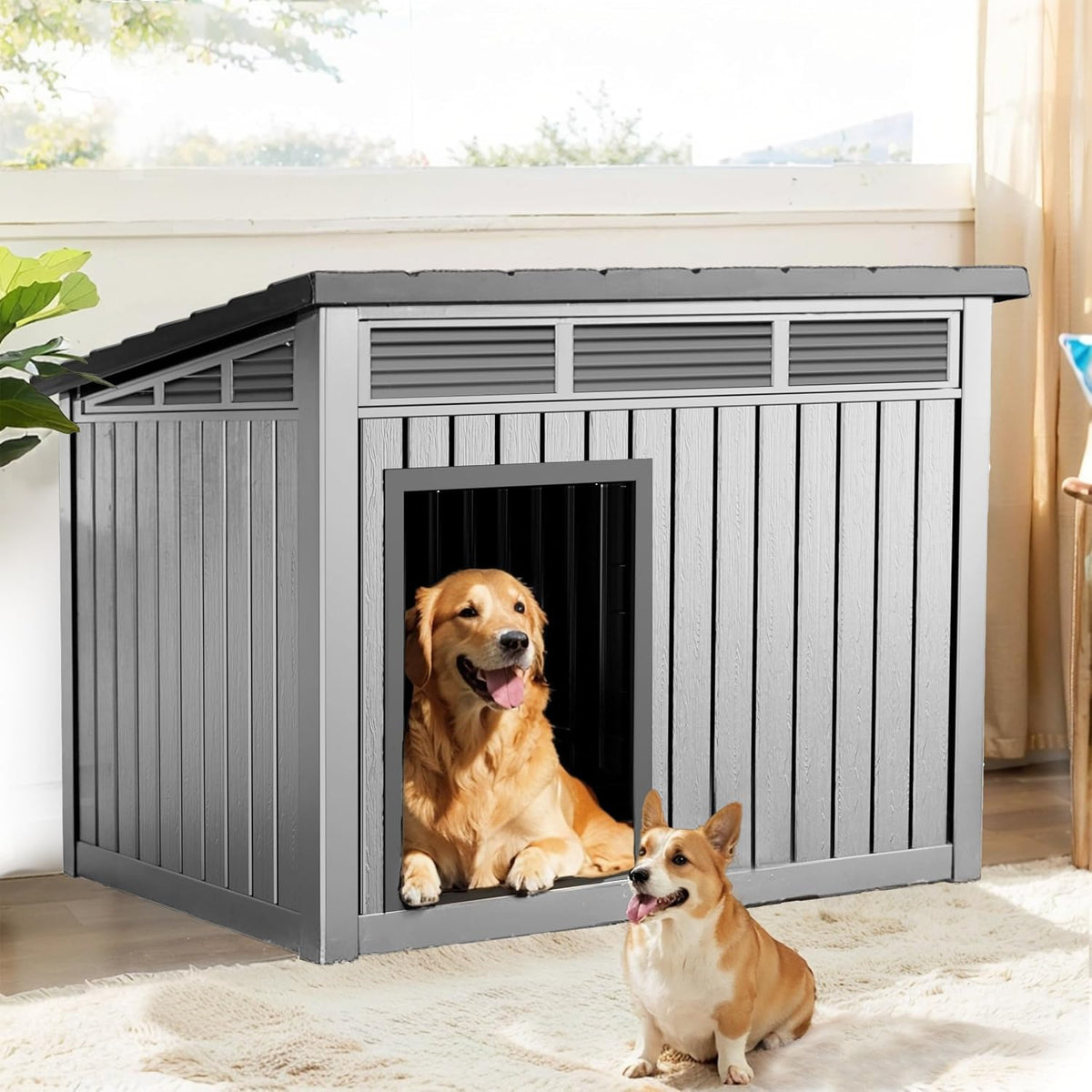 Dog House, Weatherproof Resin Outdoor Dog House for Large Dogs, Sloped Openable Roof, Air-Rod Support & Fixed Louvered Structure, Spacious Interior Easy Assembly Pet Shelter Indoor Outdoor（Grey）