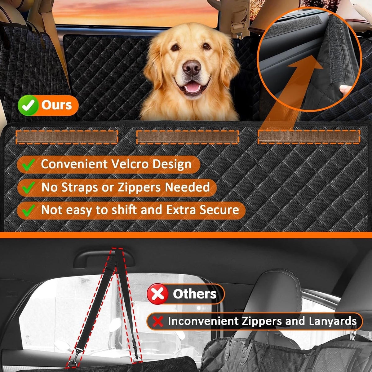 Back Seat Extender for Dogs, 68" X 52" Hard Bottom Waterproof Cover, Black