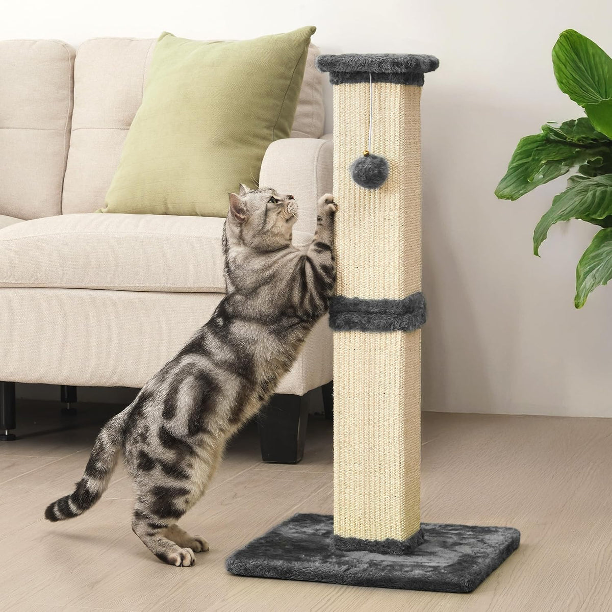 Tall Cat Scratching Post, 32'' Heavy Duty and Thick Scratching Post, Scratching Post for Adult Cats, Thick Sisal Rope with Hanging Ball, Grey