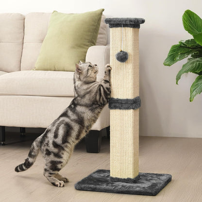 Tall Cat Scratching Post, 32'' Heavy Duty and Thick Scratching Post, Scratching Post for Adult Cats, Thick Sisal Rope with Hanging Ball, Grey