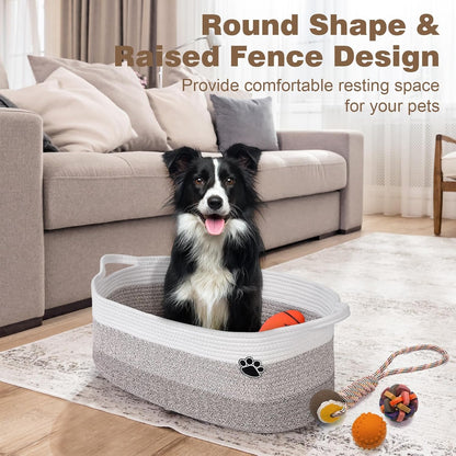 Dog Toy Basket, 30L Toy Box and Bin for Dog Cat Storage, 19.7" X 11" X 7.9" Large Woven Rope Basket for Blanket Storage, Living Room, Bedroom, White & Brown