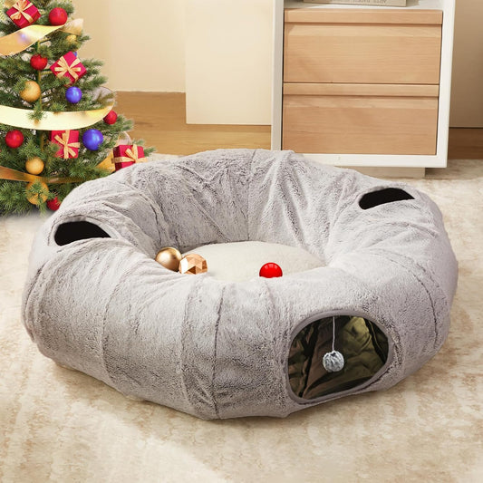 Cat Tunnel Bed for Indoor Cats - Cute Cat Donut Tunnel with Washable Circle Cushion, round Pet Play Toy for Kitten/Puppy/Rabbit, Grey