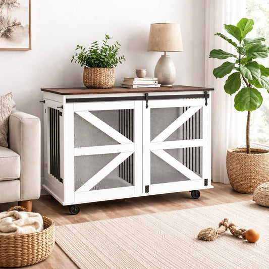 47.2" Double Dog Crate Furniture with Removable Divider, Mobile Wooden Dog Kennel with Flip-Top Feeding Door, Sliding Barn Door, Indoor Crate for Large or Two Small Dogs