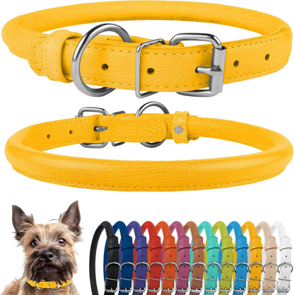 Tangle-Free Rolled Leather Dog Collar, 6-7 In, Yellow Textured