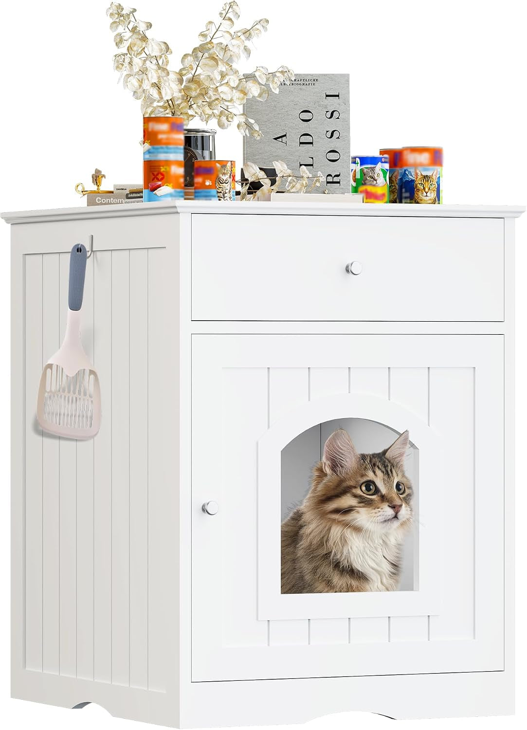 Litter Box Enclosure, Hidden Cat Litter Box Cabinet with Drawer, Wooden Pet Crate, Litter Box Furniture as Cat House, End Table, Fit Most of Litter Box (White)