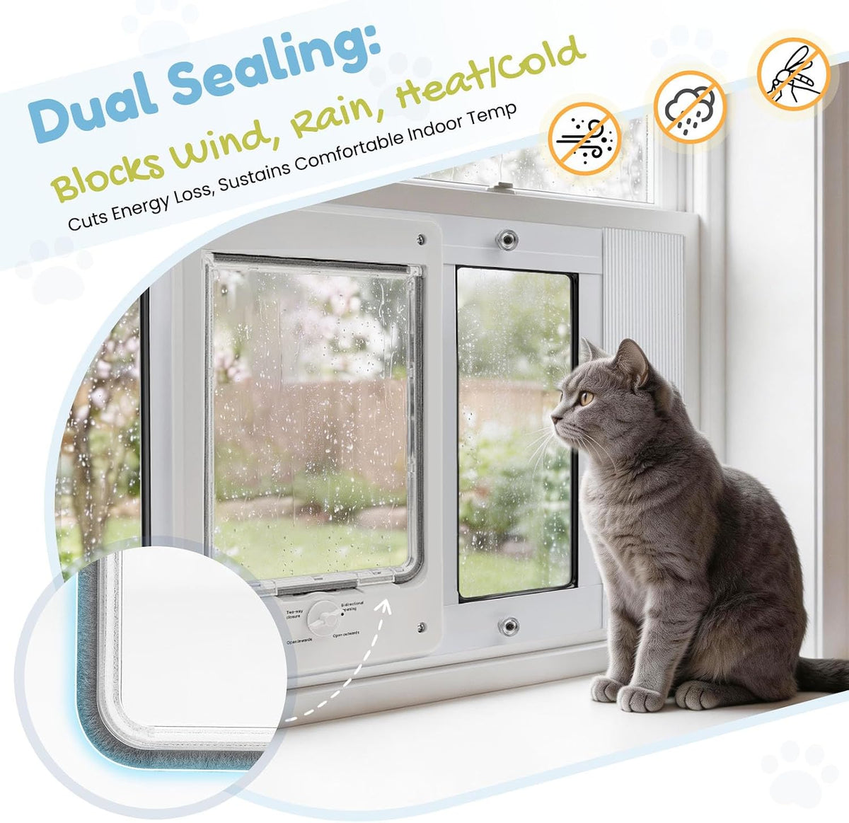 Cat Door for Window & Small Dog, Quick Damage-Free Install, 32"-36" Width Adjustable, All Aluminum Frame, 4-Way Lock, Magnetic Closure Cat Window Door, Extra Window Lock & Sealing Strips (L)