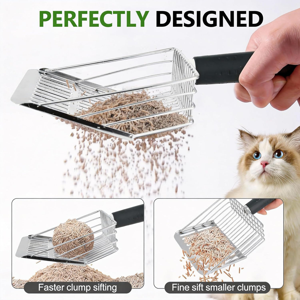 [2026 Version] 304 Stainless Steel Cat Litter Scooper with Holder, Efficient Metal Cat Litter Scoop，Heavy Cat Pooper Scooper, Kitty Litter Box Scooper-Perfect Cat Scooper for Litter Box Cleaning