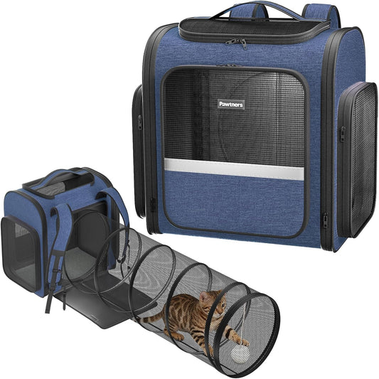 Cat Backpack with Play Tunnel, Design for Carrying Playing Blue