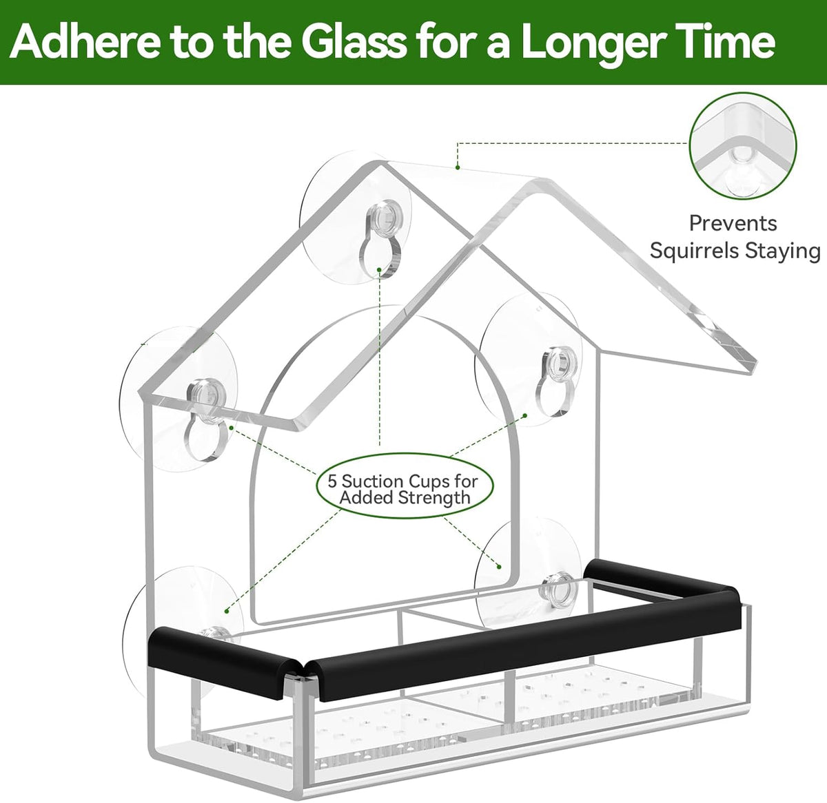 Clear Window Bird Feeder with 5 Extra Strong Suction Cups,  Sturdy and Durable Acrylic Birdfeeders for Viewing Wild Birds Outside, as a Bird Watching Gift, Outdoor Birdhouse Box, Garden Decor
