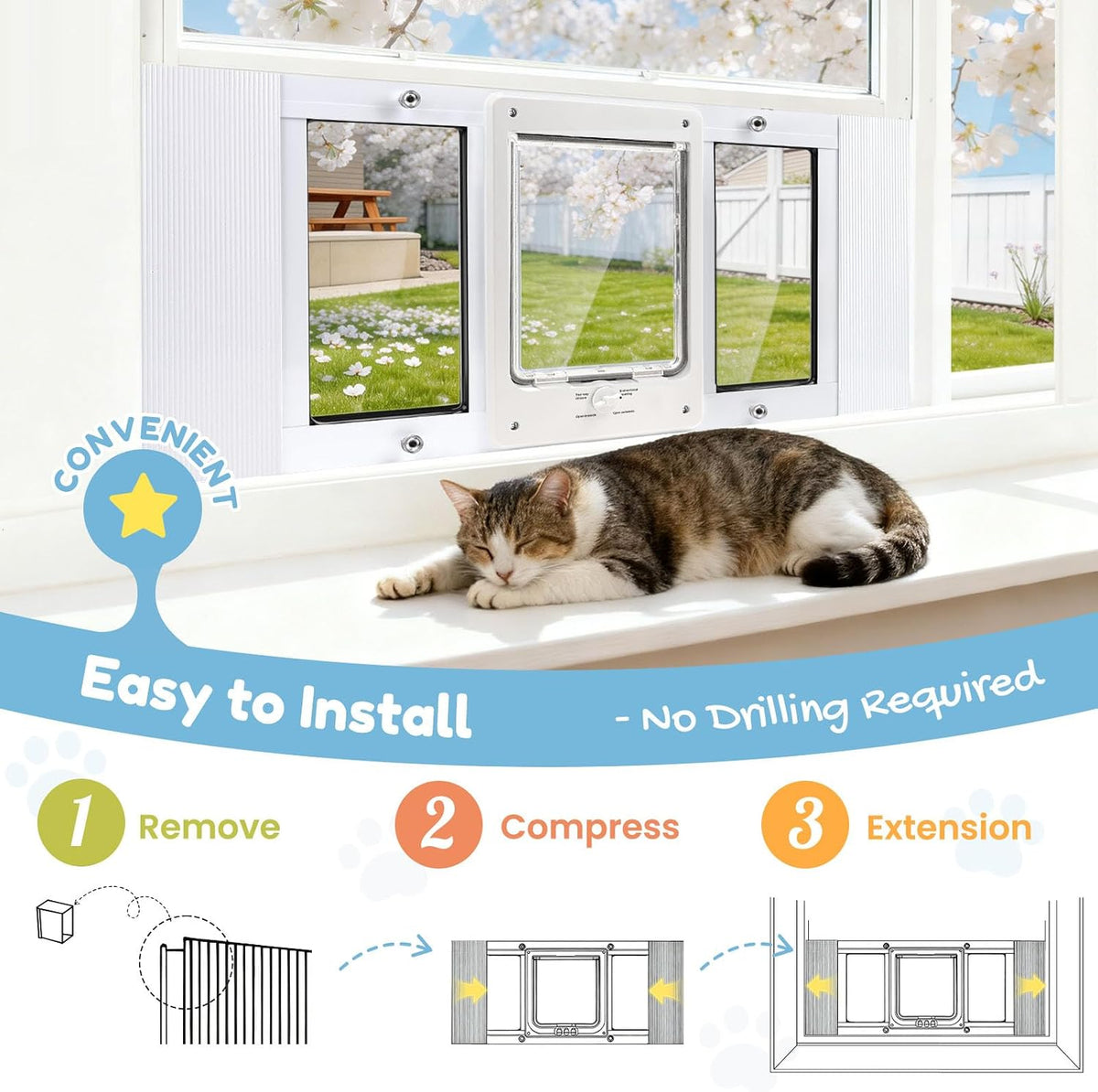 Cat Door for Window & Small Dog, Quick Damage-Free Install, 32"-36" Width Adjustable, All Aluminum Frame, 4-Way Lock, Magnetic Closure Cat Window Door, Extra Window Lock & Sealing Strips (L)