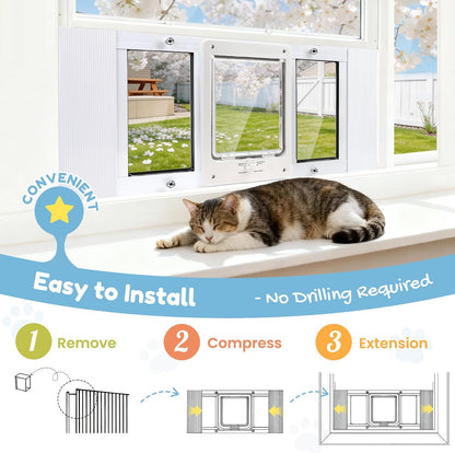 Cat Door for Window & Small Dog, Quick Damage-Free Install, 32"-36" Width Adjustable, All Aluminum Frame, 4-Way Lock, Magnetic Closure Cat Window Door, Extra Window Lock & Sealing Strips (L)