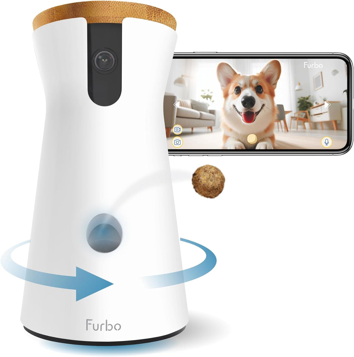 360° Dog Camera: Pet Security Cam W/Barking Alerts, Rotating View, Treat Toss W/