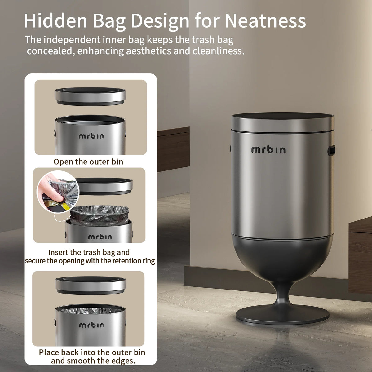 Stainless Steel Motion Sensor Trash Can with Lid, 5.3 Gallon Wine Glass Shaped Automatic Waste Basket Touchless, Smart round Tall Garbage with High Leg for Office, Bedroom, Kitchen, Eclipse Grey
