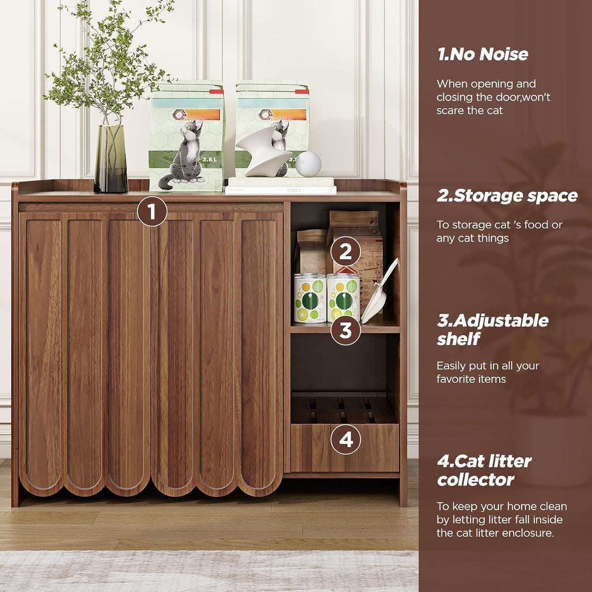 Large Litter Box Enclosure with Litter Collector, Hidden Litter Box Furniture for Automatic Litter Box, Cat Robot 3/4, Dog Proof Litter Box Cabinet, Side Table, Walnut