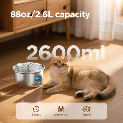 Stainless Steel Cat Water Fountain: 88Oz/2.6L Ultra Quiet Pet Fountain with Flow