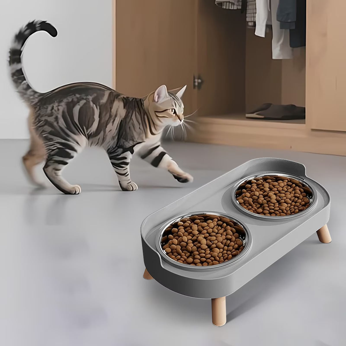 Small Dog Food and Water Bowl Set Stainless Steel Double Bowl, Non-Tip Elevated Cervical Protection, Stainless Steel Dog Water Bowl
