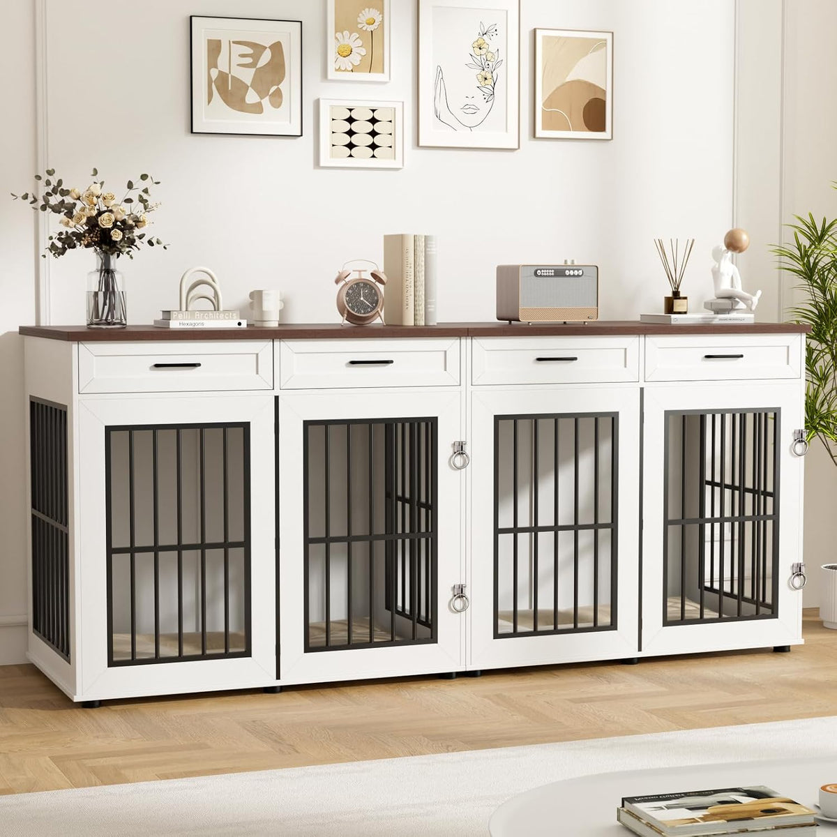 87" Dog Crate Furniture for 2 Dogs, Double Dog Cage Furniture, White