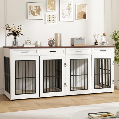 87" Dog Crate Furniture for 2 Dogs, Double Dog Cage Furniture, White