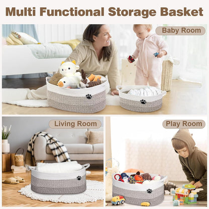 Dog Toy Basket, 30L Toy Box and Bin for Dog Cat Storage, 19.7" X 11" X 7.9" Large Woven Rope Basket for Blanket Storage, Living Room, Bedroom, White & Brown