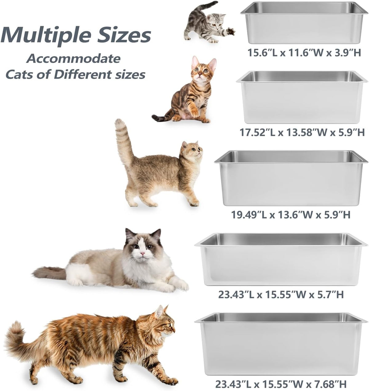 Stainless Steel Cat Litter Box - Metal High Sided Cat Pan, Large Stainless Steel