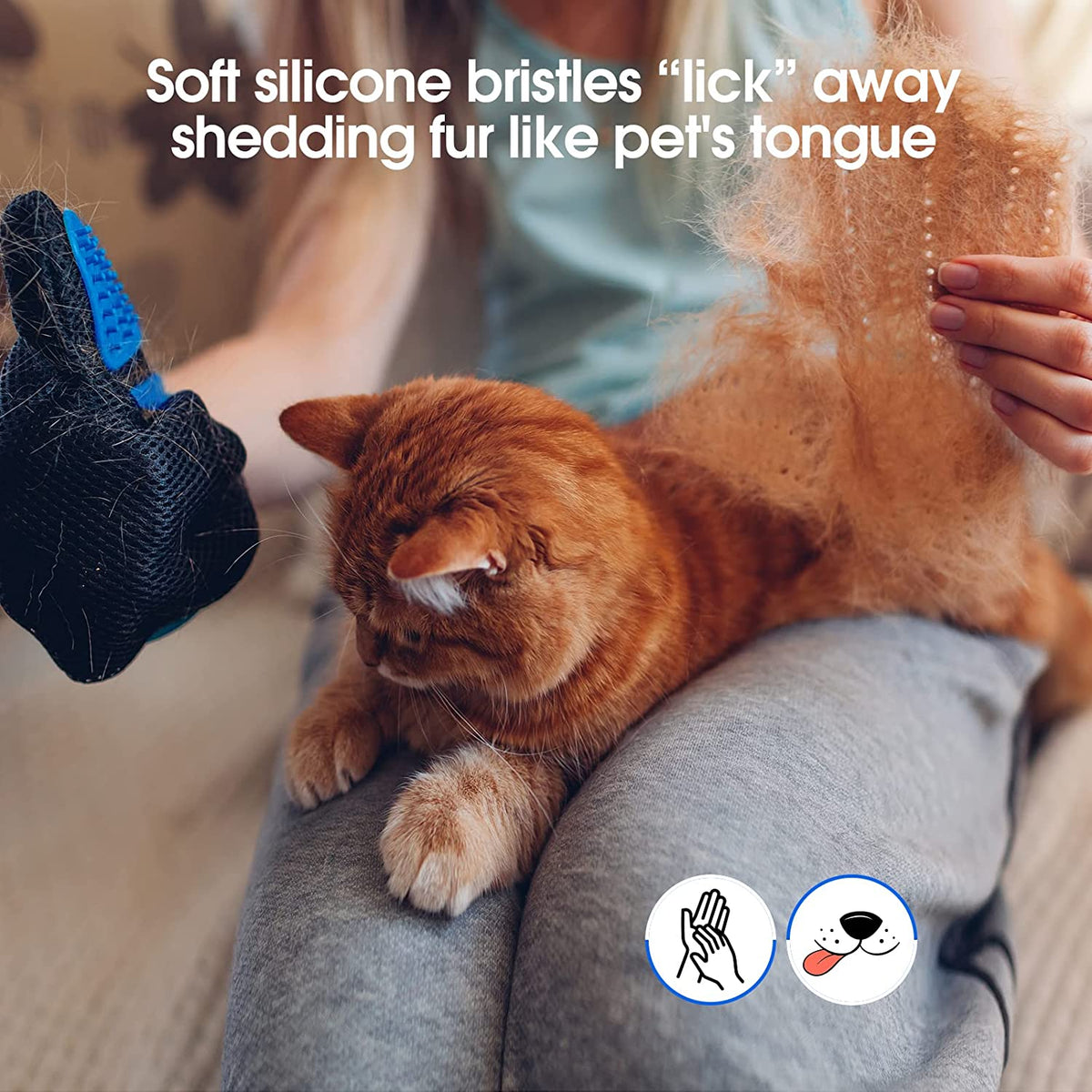 Pet Hair Removal Glove with 255 Silicone Tips for Dogs & Cats, 1 Pair Blue | 2-In-1 Deshedding & Massage Mitt, 5-Finger Flexible Design, for Bathing & Grooming, Safe for Long/Short/Curly Hair Pets