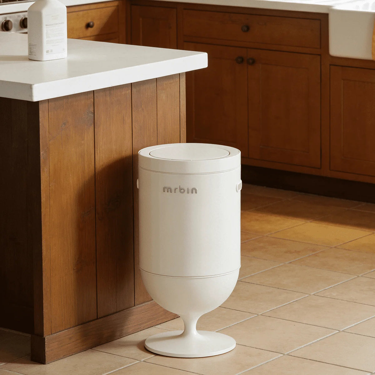 Metal Bathroom Motion Sensor Trash Can with Lid, 5.3 Gallon Wine Glass Shaped Automatic Waste Basket Touchless, Smart round Tall Garbage with High Leg for Office, Bedroom, Kitchen, Cream White