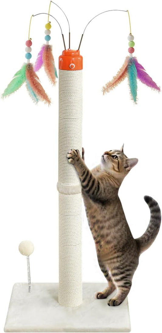 Cat Scratching Post ，33.4" Sisal Rope Cat Scratcher Tall Scratching Post for Indoor Cats with Interactive Cat Toys Automatic Teaser Wand and Rotating Hanging Balls