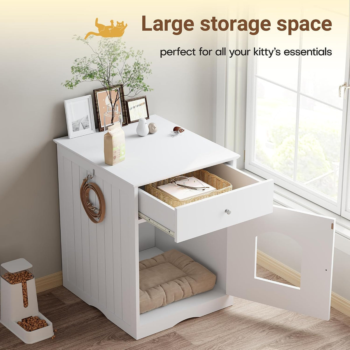 Litter Box Enclosure, Hidden Cat Litter Box Cabinet with Drawer, Wooden Pet Crate, Litter Box Furniture as Cat House, End Table, Fit Most of Litter Box (White)
