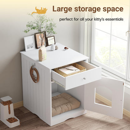 Litter Box Enclosure, Hidden Cat Litter Box Cabinet with Drawer, Wooden Pet Crate, Litter Box Furniture as Cat House, End Table, Fit Most of Litter Box (White)